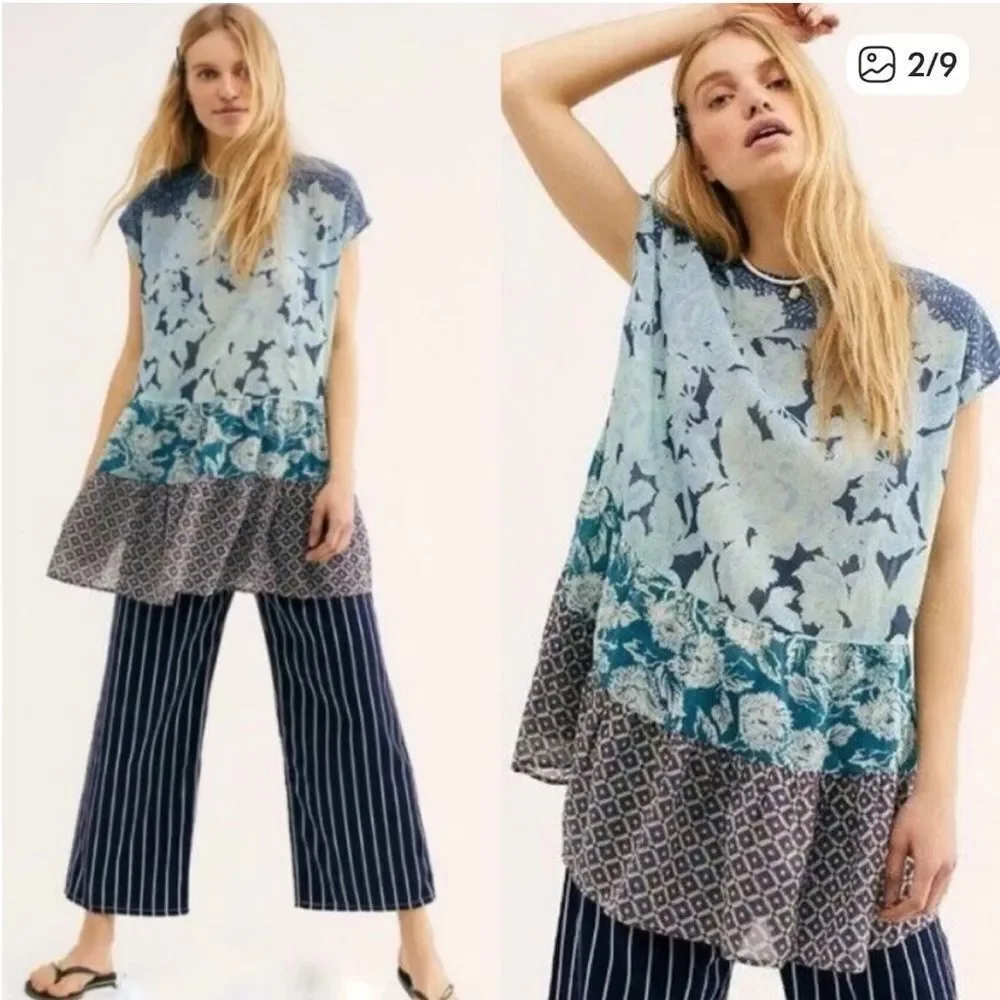 Free People Gotta Have You Tiered Tunic Top Blouse Blue Purple